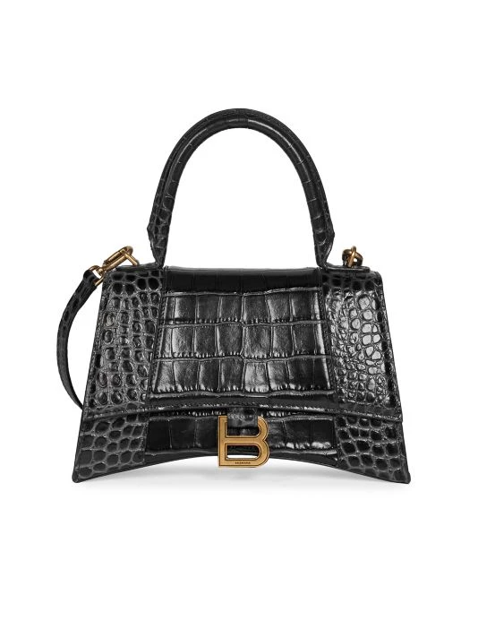 Balenciaga Hourglass Croc-Embossed Leather Top Handle Bag Black - Image 6