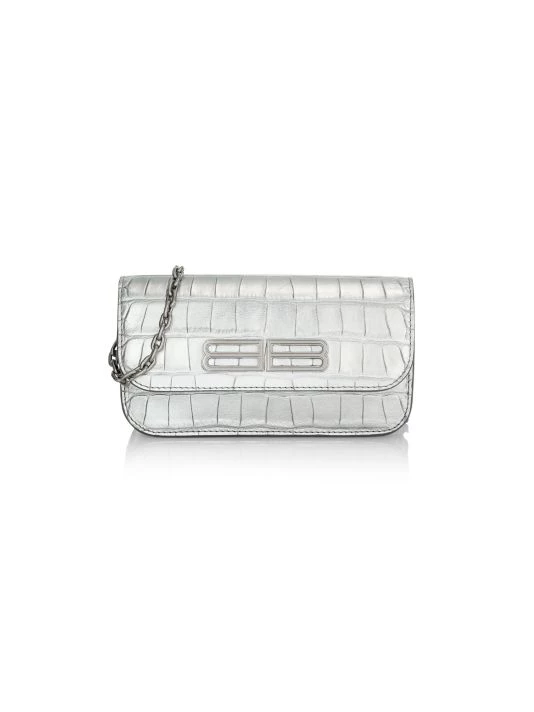 Balenciaga Gossip Metallic Croco-Embossed Leather Wallet-On-Chain