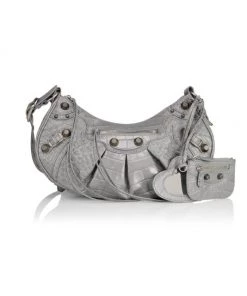 Balenciaga Small Le Cagole Croc-Embossed Leather Shoulder Bag Grey
