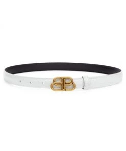 Balenciaga BB Shiny Croc-Embossed Slim Leather Belt Noir