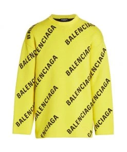 Balenciaga Logo Intarsia Crewneck Sweater For Men Yellow Black