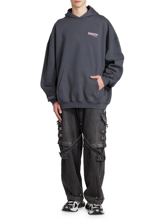 Balenciaga Campaign Logo Cotton Hoodie For Men Dark Grey White - Image 2