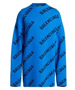 Balenciaga Logo Virgin Wool-Blend Sweater For Men Blue Black