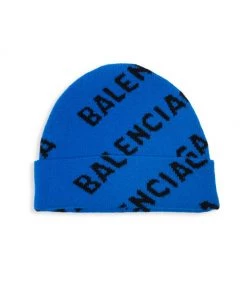 Balenciaga Allover Logo Wool Beanie Blue Black