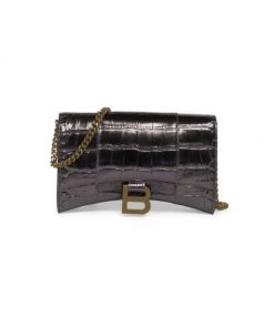 Balenciaga Hourglass Croc-Embossed Leather Wallet-On-Chain Beige